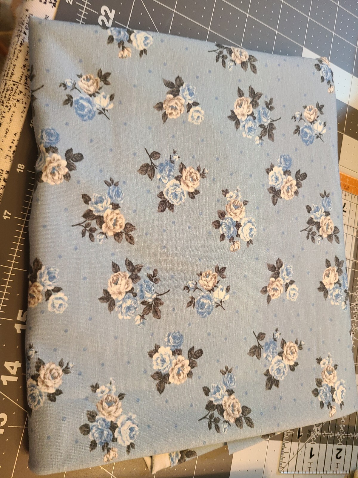 2yds X 28"Blue Floral &dot Fabric Soft And Stretchy shades Of Blue,gray,cream.