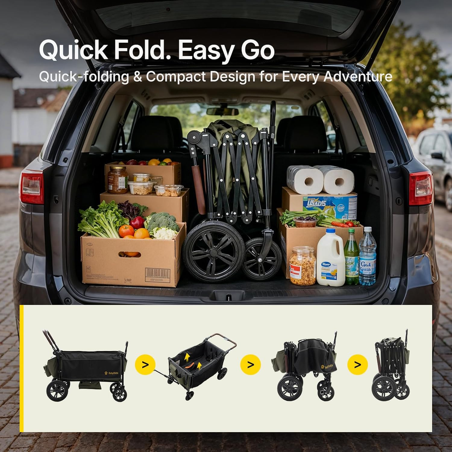 Stroller Wagon for Kids, One-Hand Adjustable Push/Pull Handle, Spacious Storage,