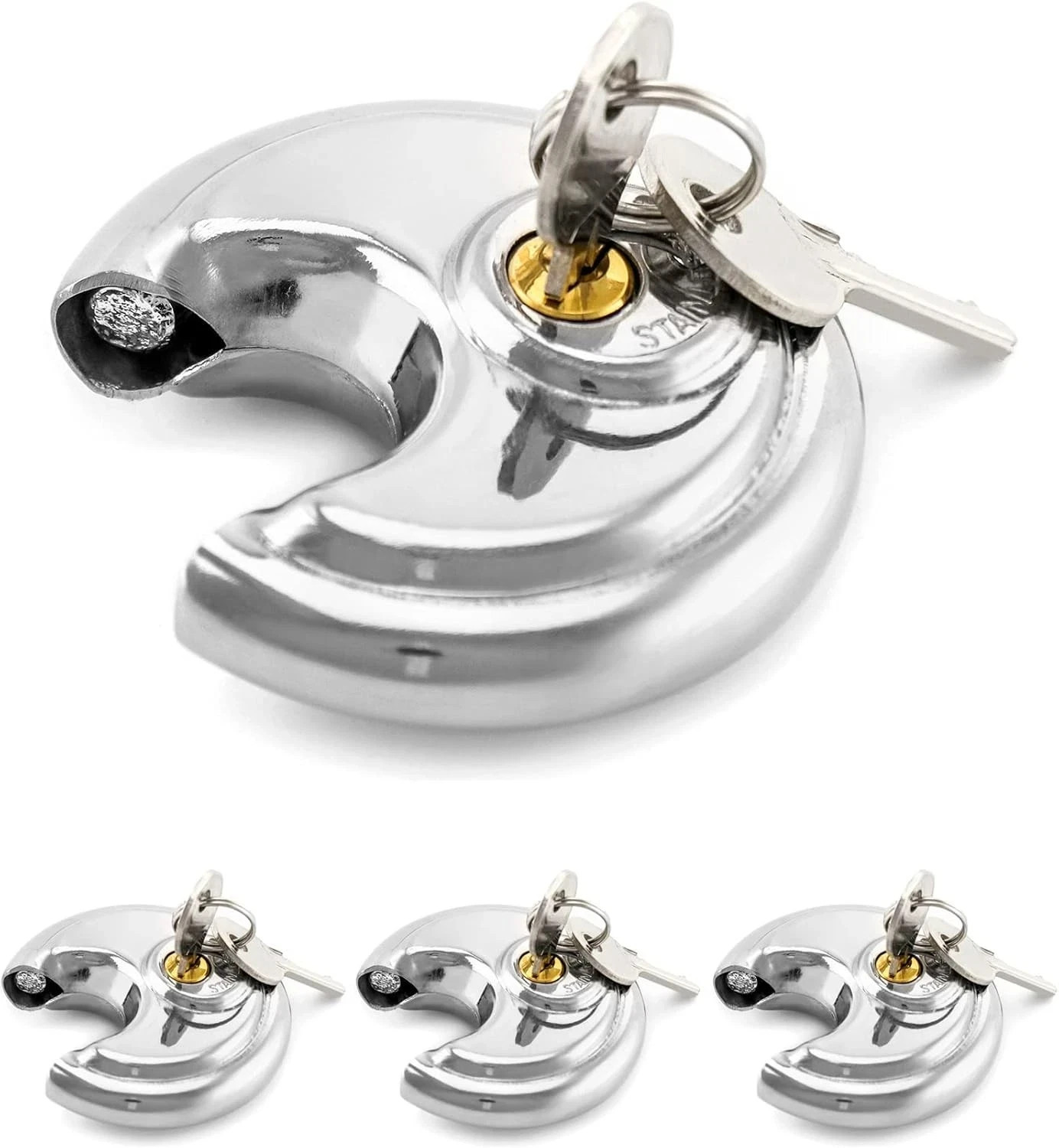 4-Pack Keyed Alike Disc Padlocks | Stainless, 3/8” Shackle, 2-3/4” Wide | Sheds.