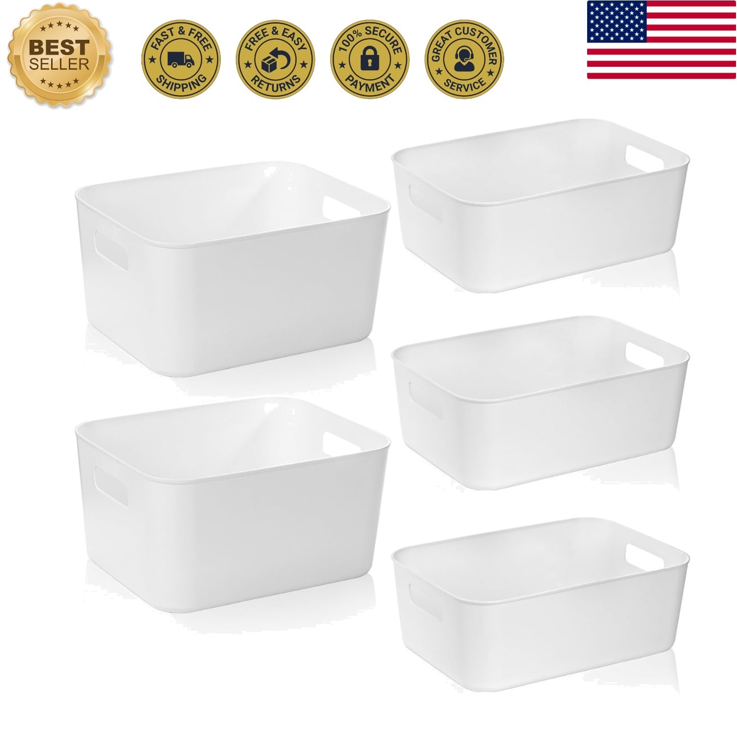 Minimalist White Open Storage Bins - 5 Pack for Kitchen and Office Organization