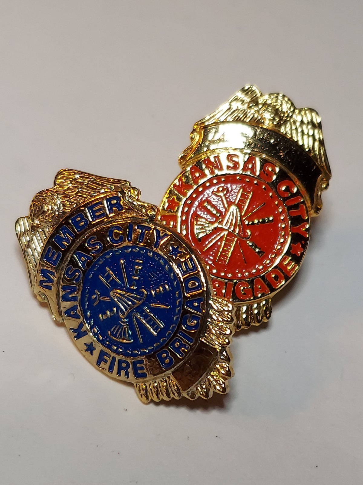Set Of 2 Kansas City Fire Brigade Firefighter Lapel Pins Blue & Red 1"