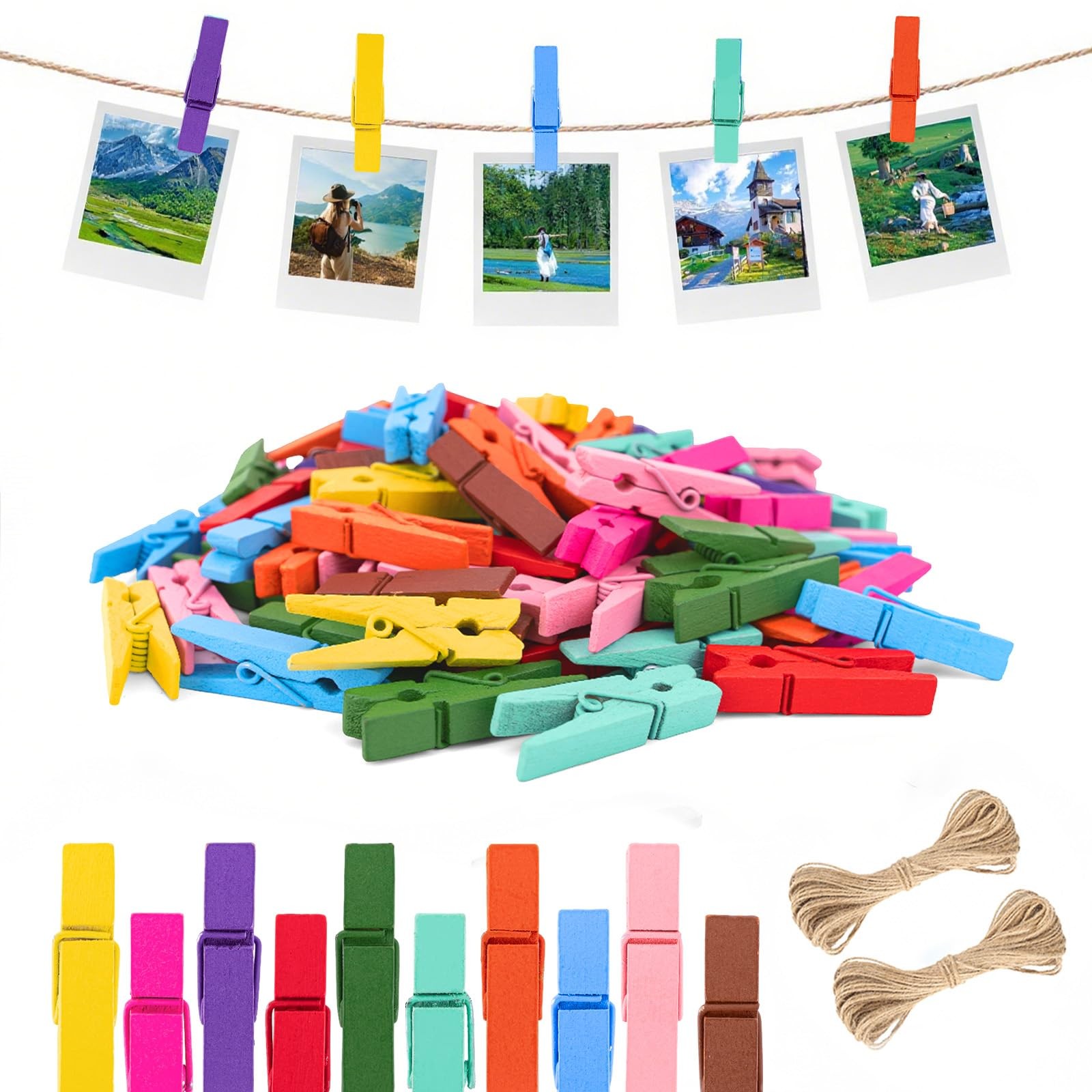Mini Wooden Clothespins with String - 100pcs 10-Color Photo Hanging Clips