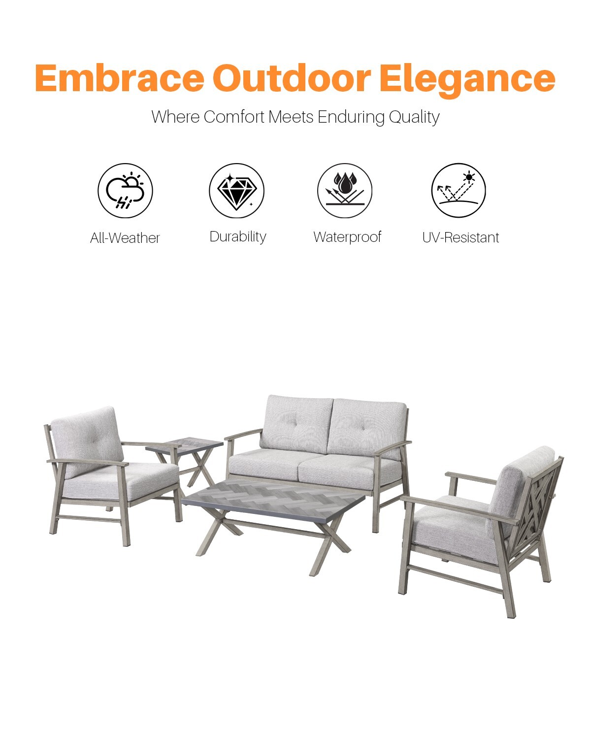 SeeHill 4 Pieces Outdoor Aluminum Patio Furniture Set Limed Oak Sofa Couch Set
