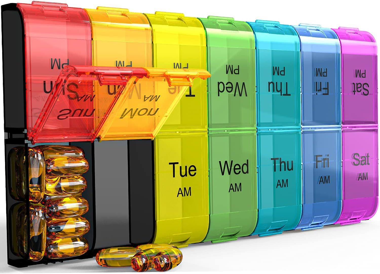 Extra Large Pill Organizer 2 Times a Day Weekly XL AM PM Pill Case 7 Day Rainbow