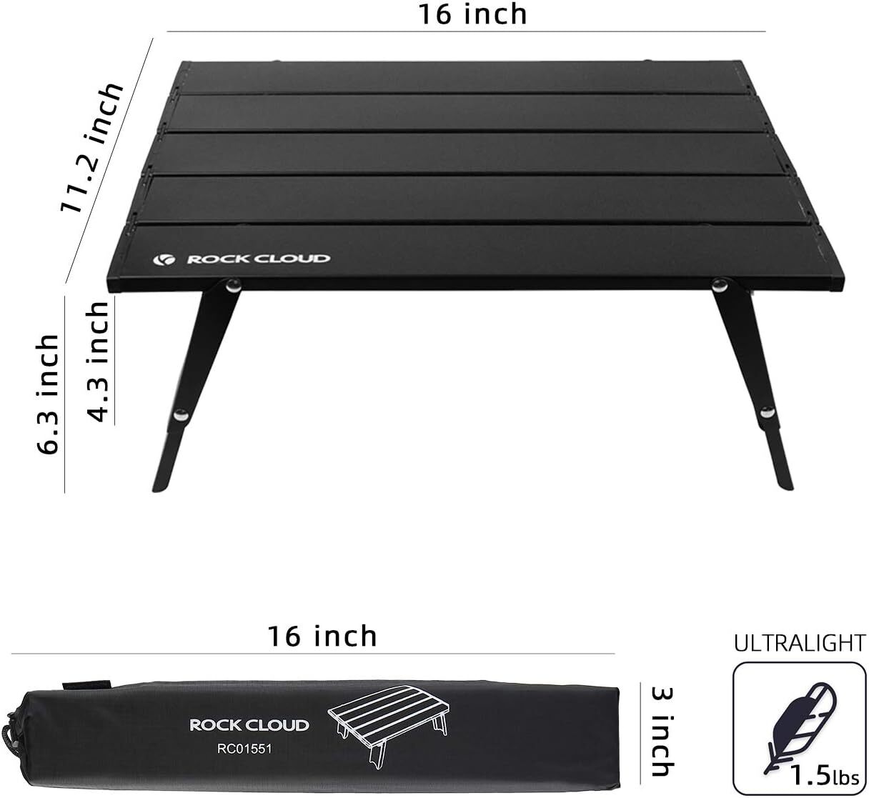 ROCK CLOUD Ultralight Folding Beach Table Adjust Height Aluminum Small, Black