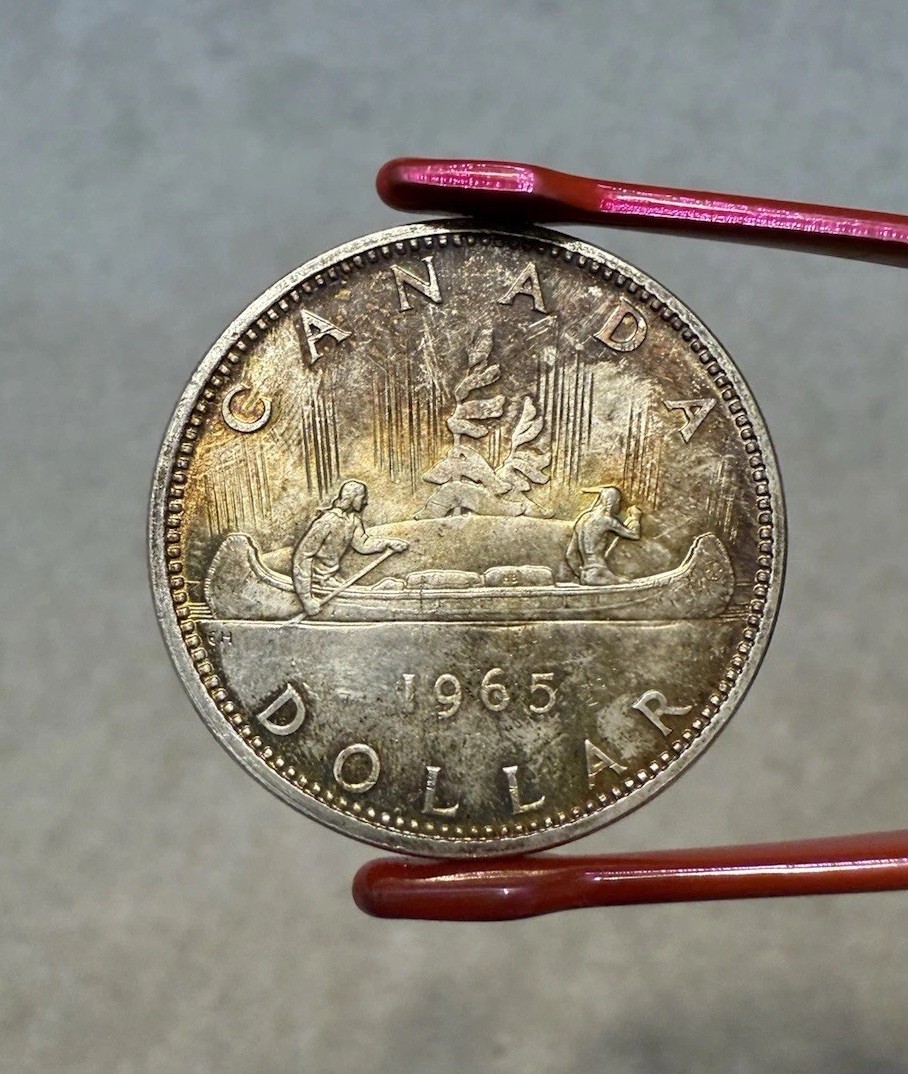 1965 Canada $1 Silver Dollar Coin Large Beads - Toned Gem