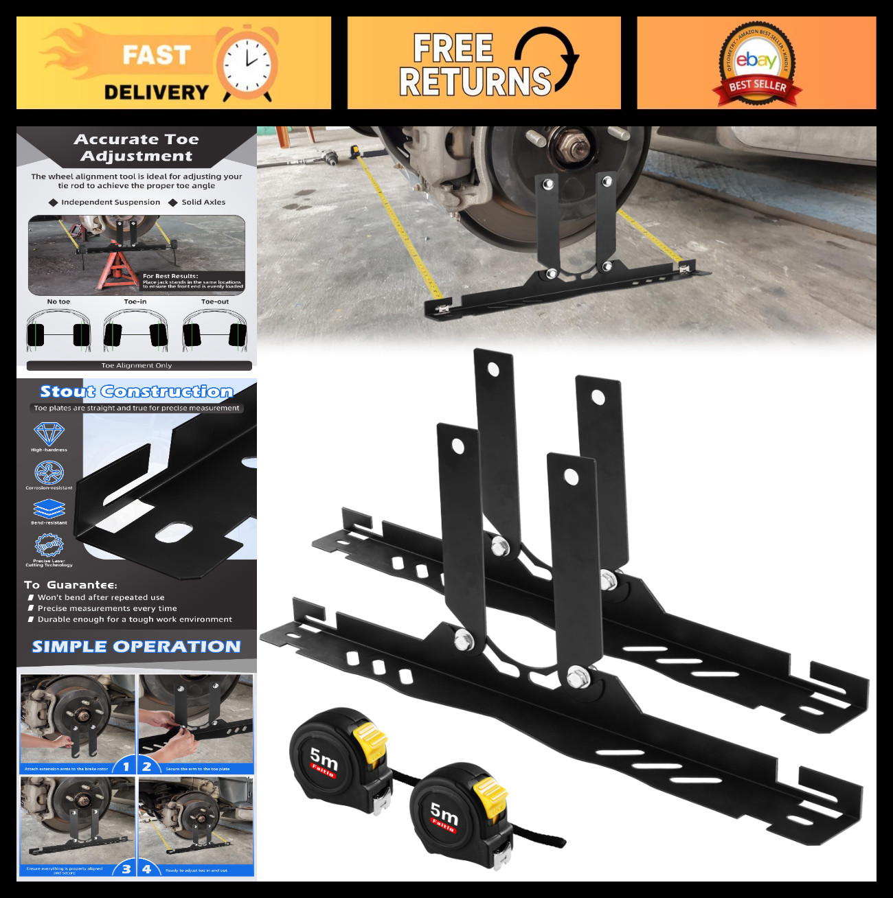 Heavy Duty Wheel Alignment Tool Plates, Toe Alignment Kit w/2 Tape Measures, Low