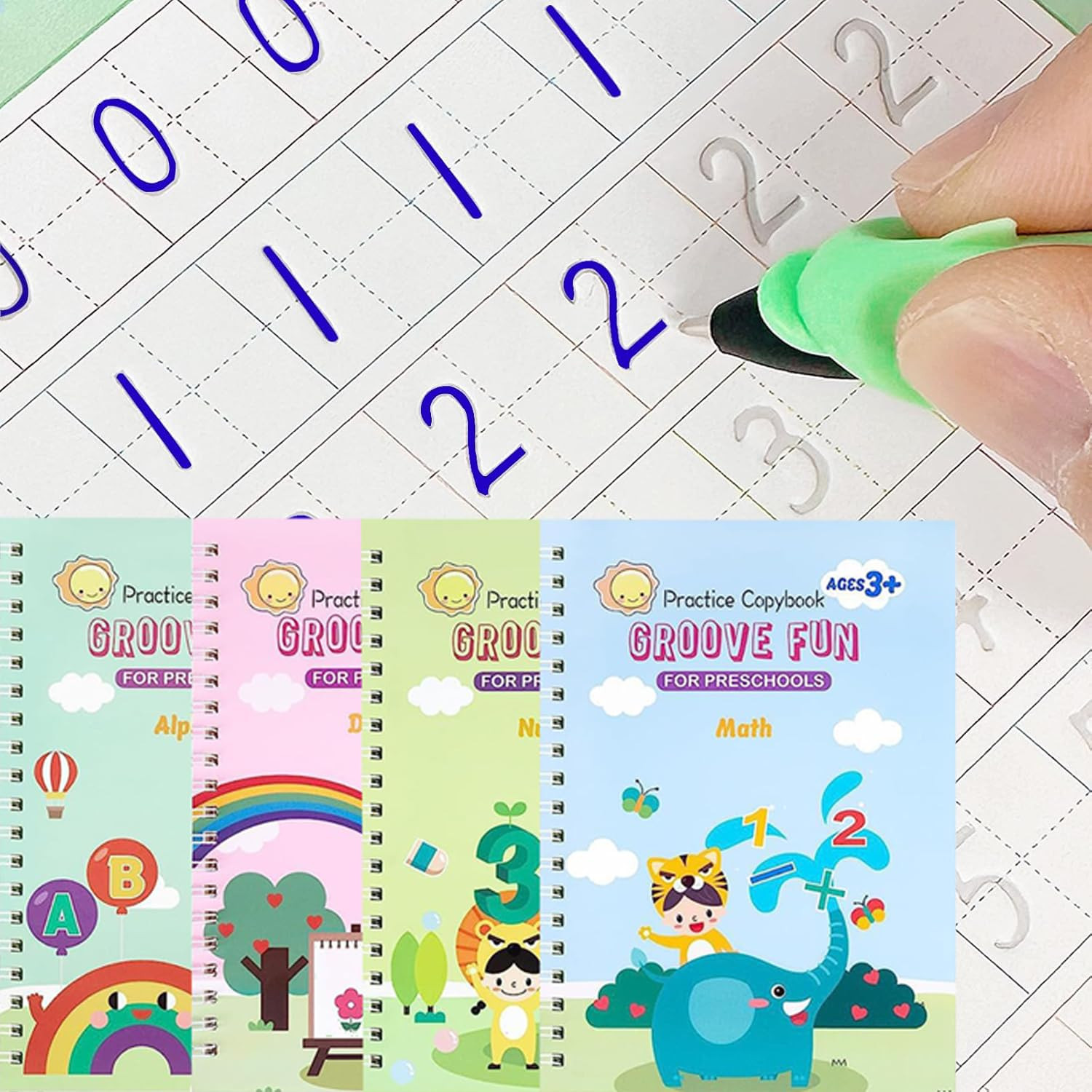 4 PC Reusable Grooved Writing Books for Kids, Magic Copy Books,Reusable Handl