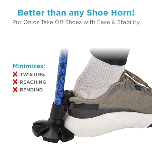 Shoe Horn Offset Cane, 2-in-1 Shoe Helper & Walking Aid, Self Blue Waves