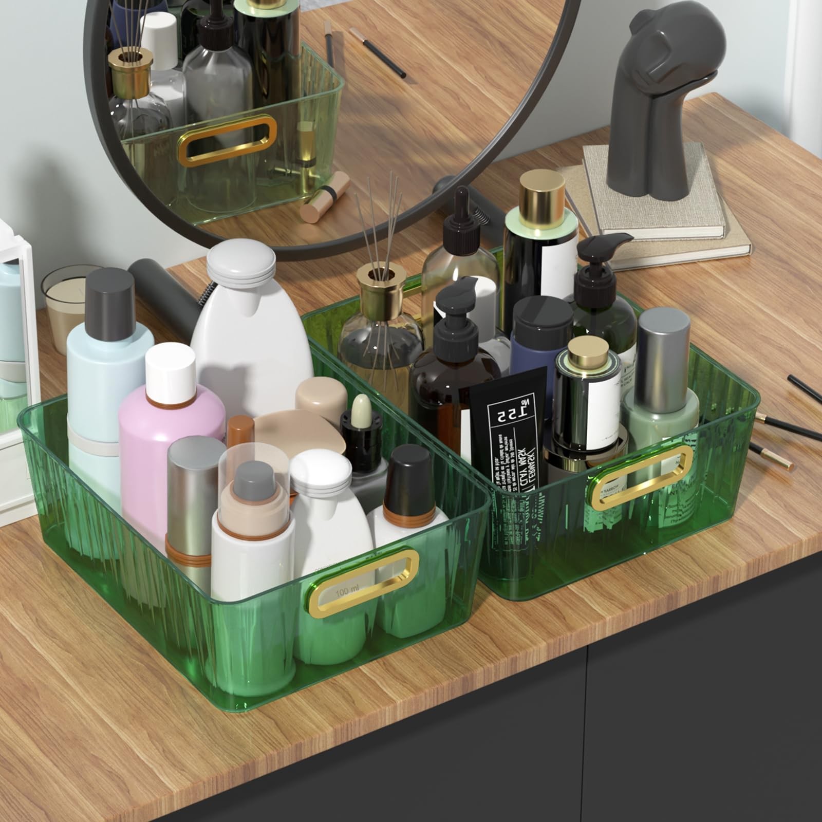 4 Pack Clear Storage Organizer Bins Plastic Cosmetic Bin Green