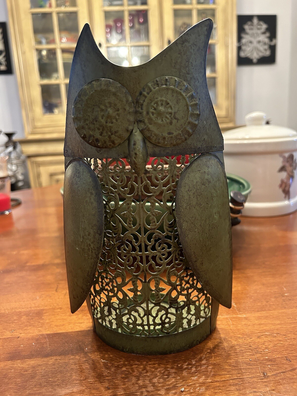 GREEN METAL OWL CANDLEHOLDER ~ 10”x5.5” ~ VGC ~