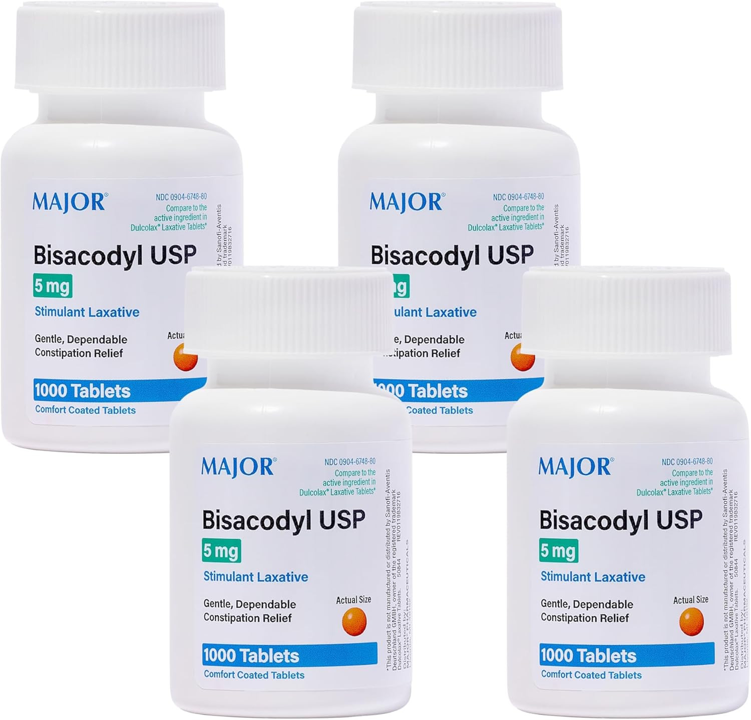 4-PACK Major Bisacodyl Stimulant Laxative Coated Tablets 5 mg 1000 Tablets Each