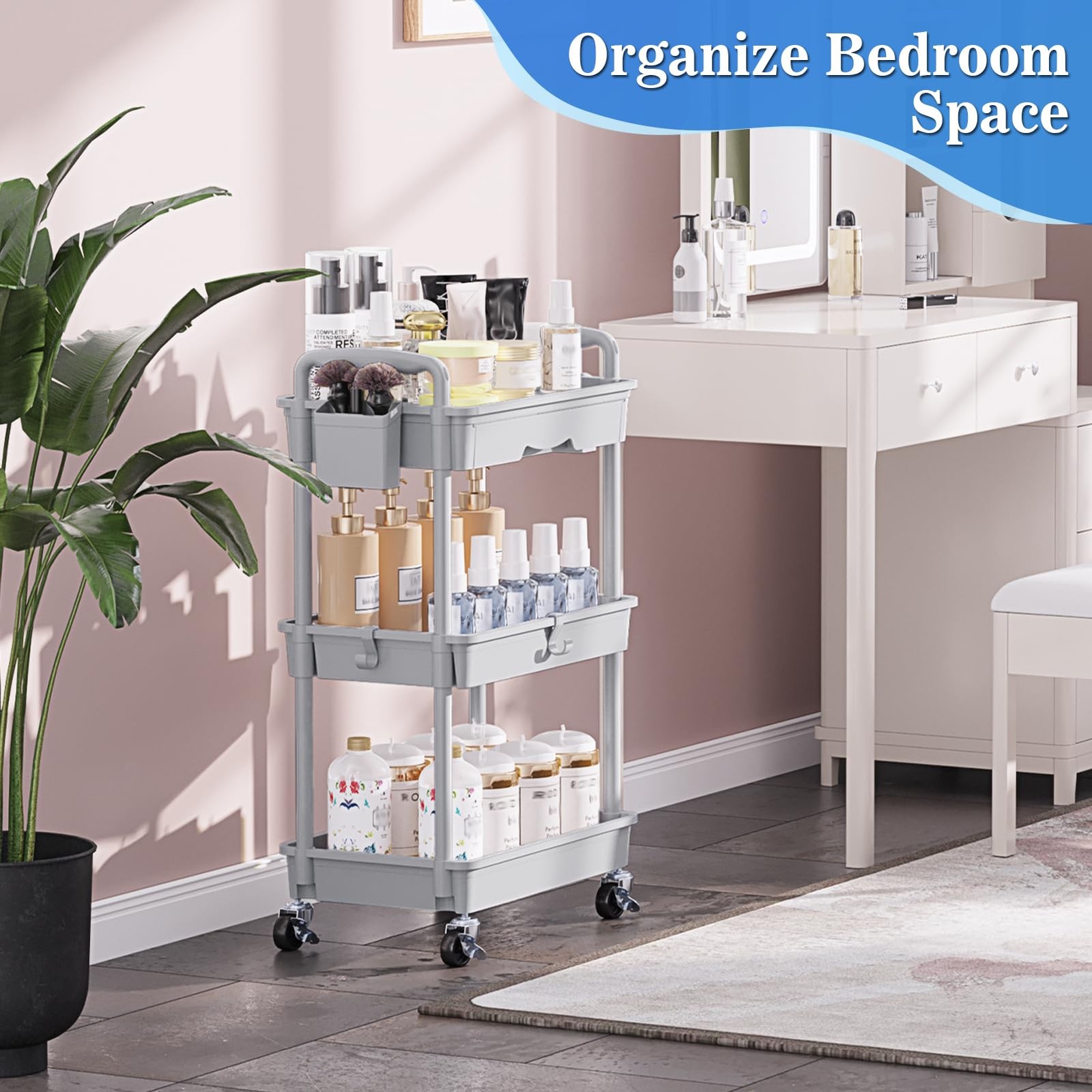 Gray 3 Tier Rolling Cart Drawer Bathroom Storage Organizer Lockable Wheels