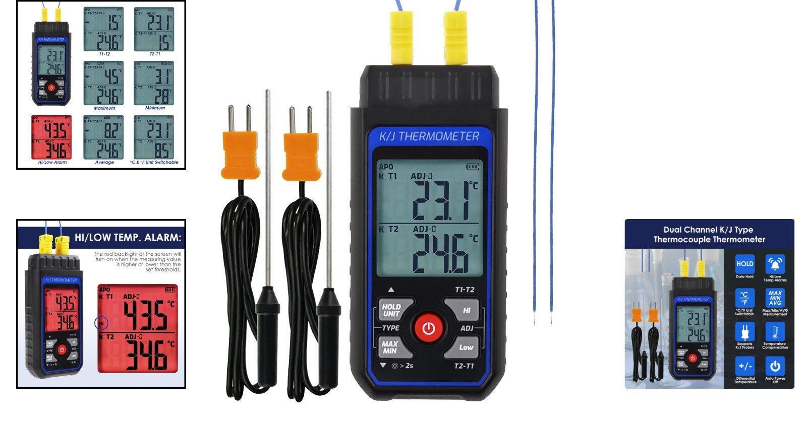 Professional Dual-Channel K/J Thermocouple Thermometer, Range -328°F to 2501°F