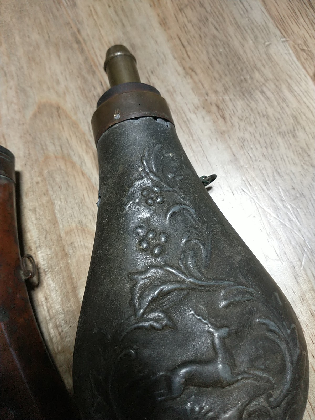 2 PCS Vintage Powder Flasks Shell & Acanthus Pattern & Running Deer FOR DISPLAY