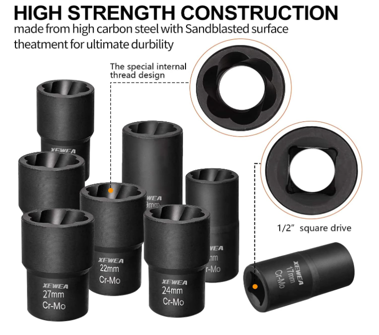 Bolt Nut Extractor Set, 1/2" Drive Impact Lug Nut Wheel Lock Remover Socket Tool