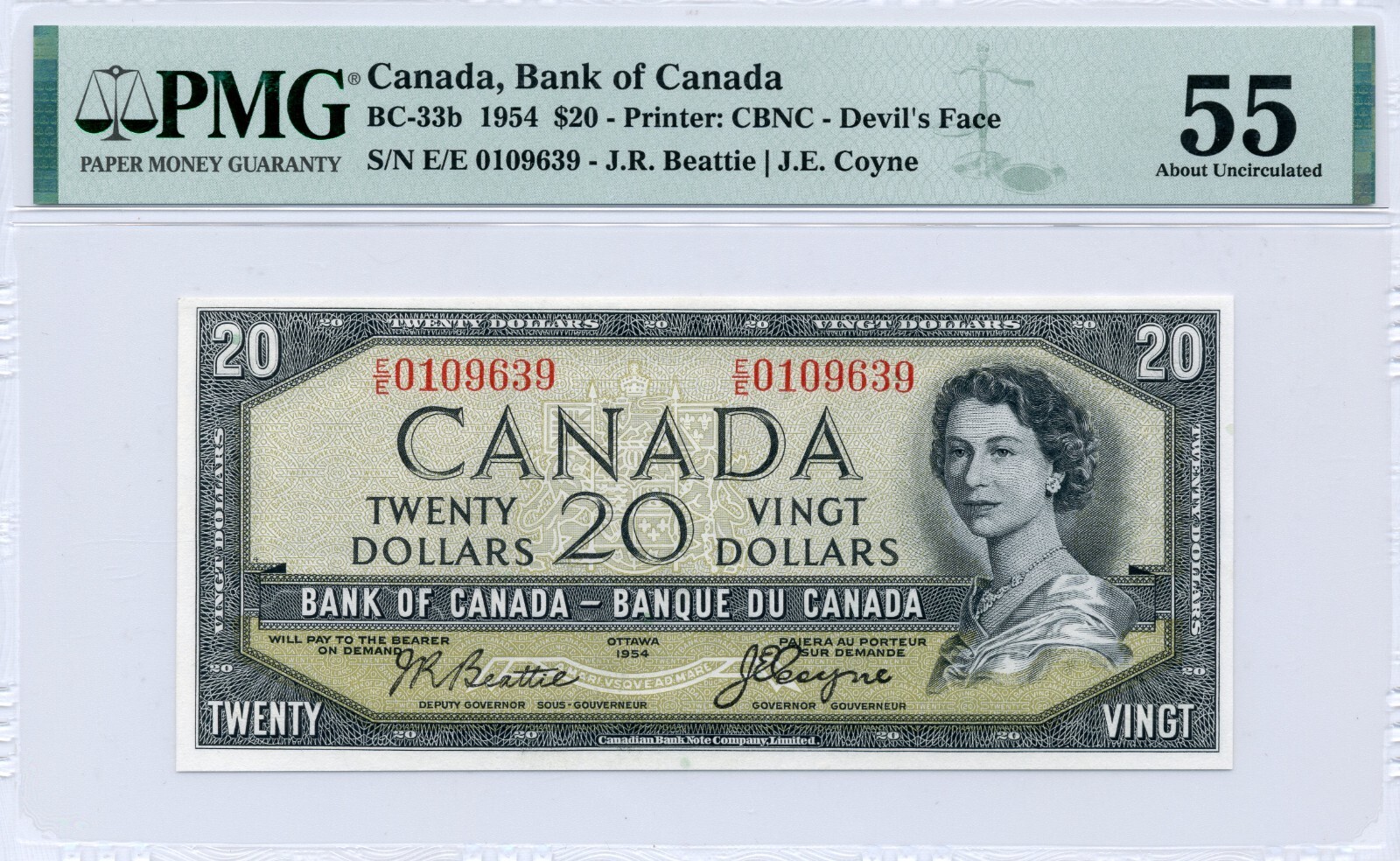 1954 $20 DEVIL'S FACE Bank of Canada Scarce E/E Prefix, PMX About UNC55
