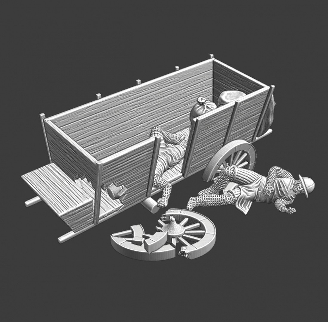 Northern Crusades Miniatures Medieval Destroyed Wagon & Wounded Scenery Diorama