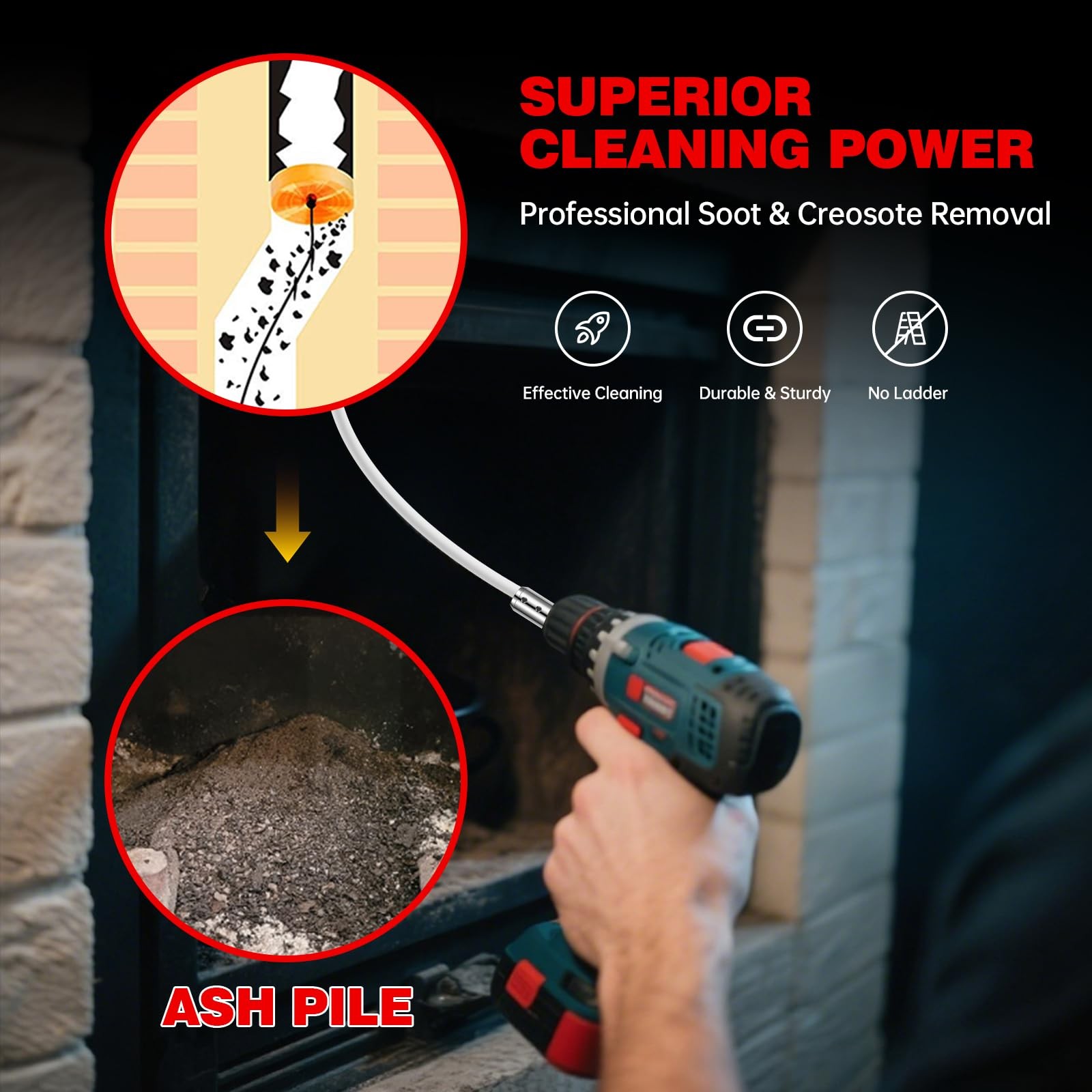 Chimney Sweep Kit with 8 Flexible Rods - Chrome Locking System