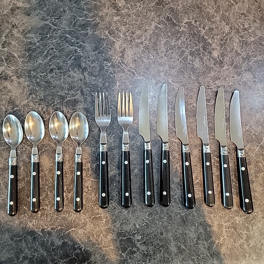 Vintage 12 Pc Set Stainless Steel Black Plastic Handles Utensils Flatware