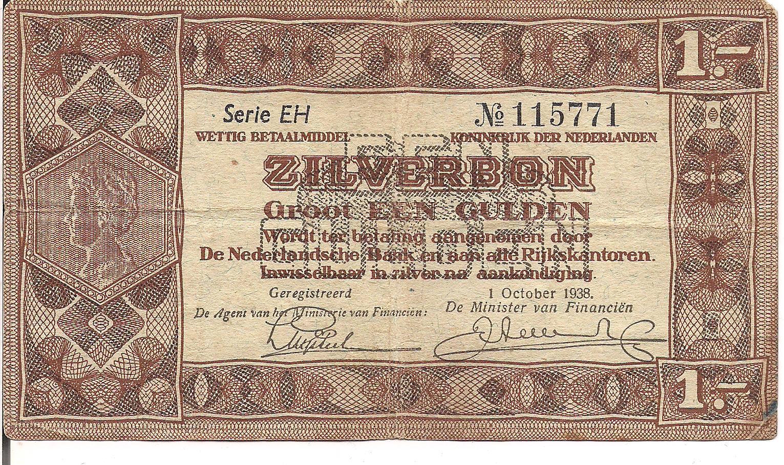 NETHERLANDS, 1 GULDEN, SILVERBON, 1938