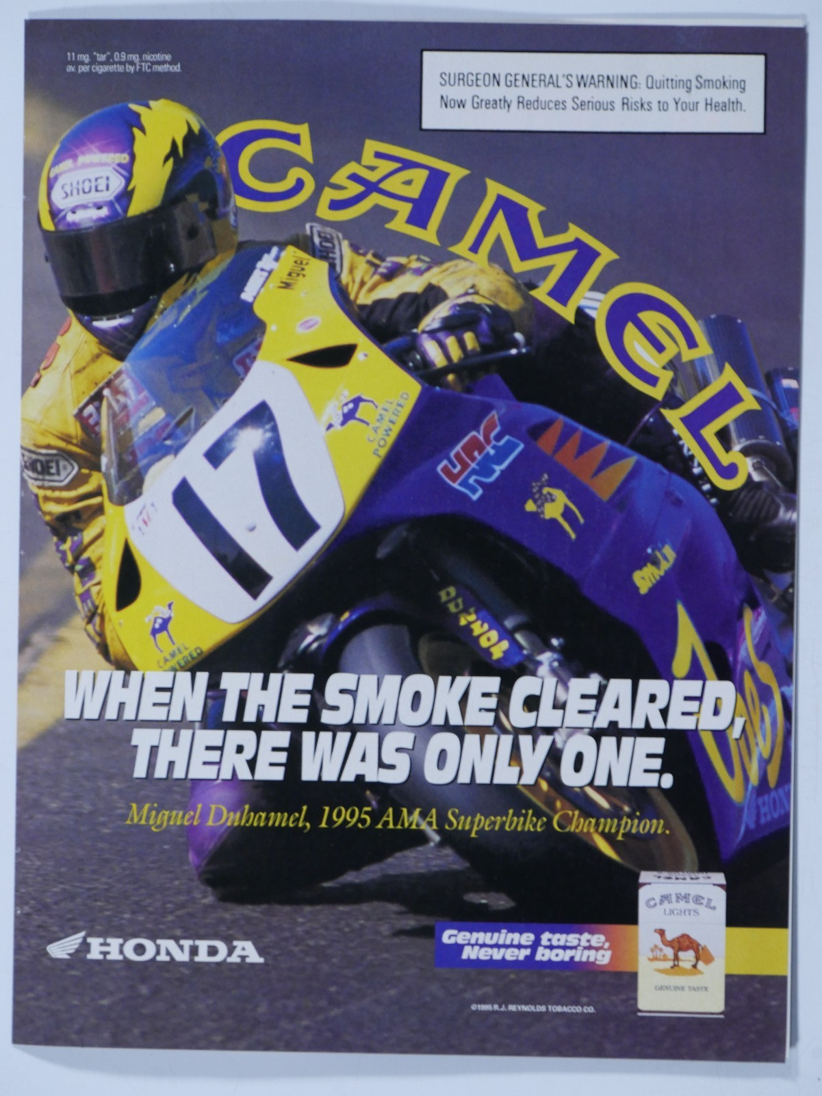 1995 Camel Honda Miguel Duhamel AMA Superbike Champion Vintage Print Ad