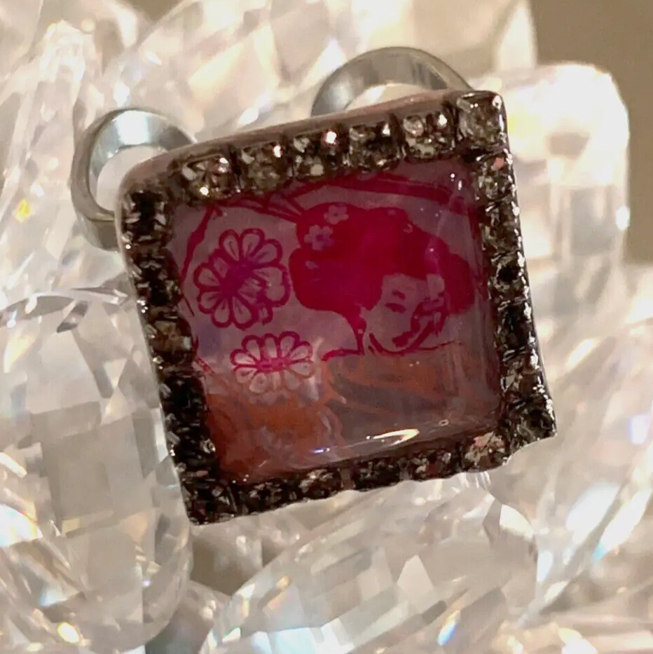 Handcrafted Art Resin Adjustable Stainless Steel Open Ring, Geisha, Rhinestones