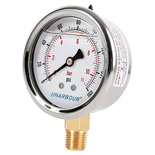 Glycerin Filled Pressure Gauge 160psi/11bar, Stainless Steel case, Brass