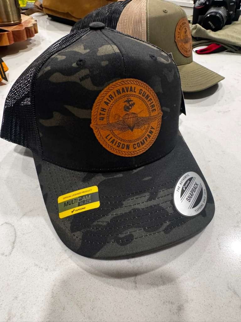 4th ANGLICO Saddle Brown Leather Patch Hat | MultiCam Black Trucker Snapback