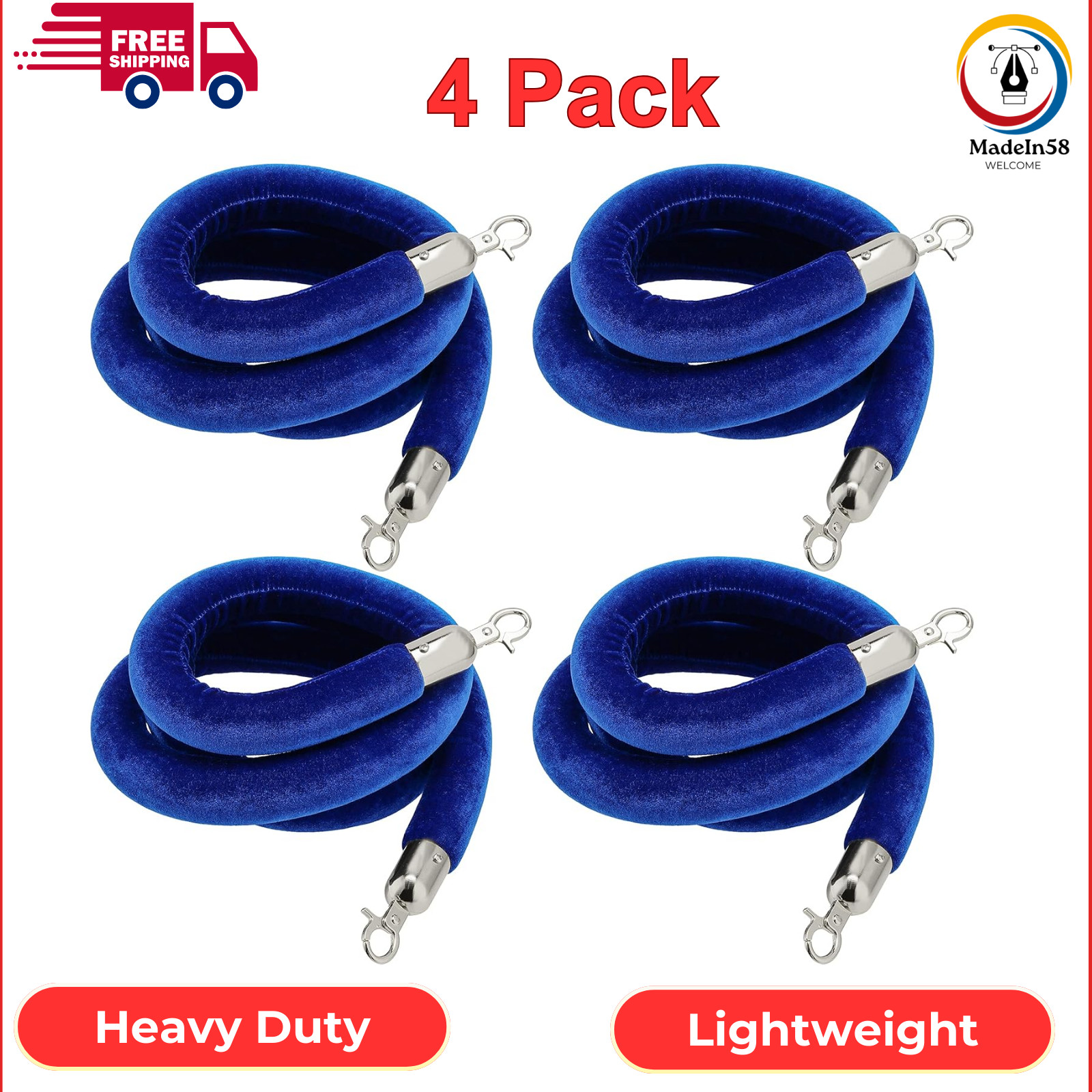 JAPCHET 4 Pack 6.5 Ft Velvet Rope, Blue Velvet Stanchion Rope W/ Silver Polished