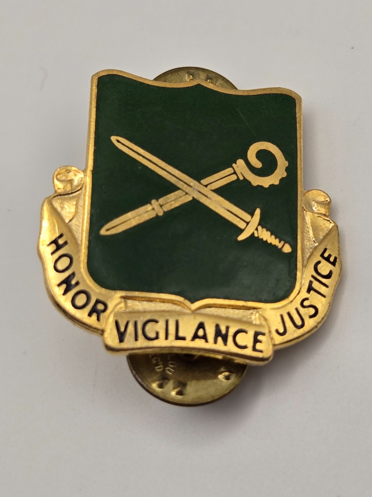 Vintage Army DUI Pin - "Honor Vigilance Justice" 385th Military Police Battalion