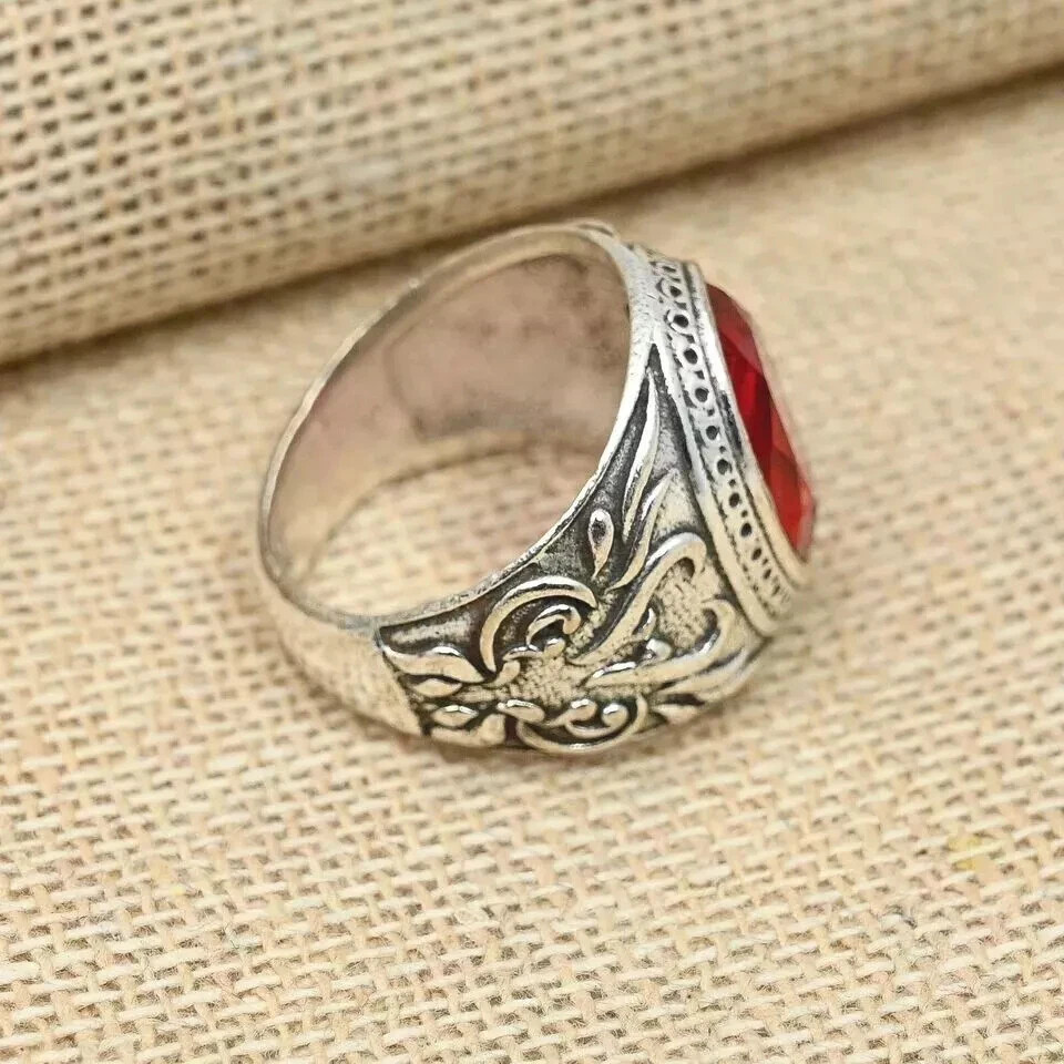 Solid 925 Sterling Silver Garnet Gemstone Ring Men's Beautiful Ring All Size S14