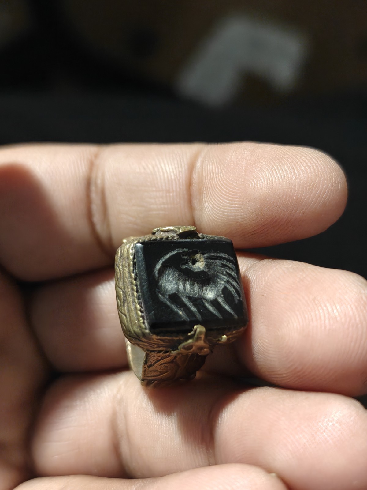 Mediveal brass black agate animal intaglio unique ring