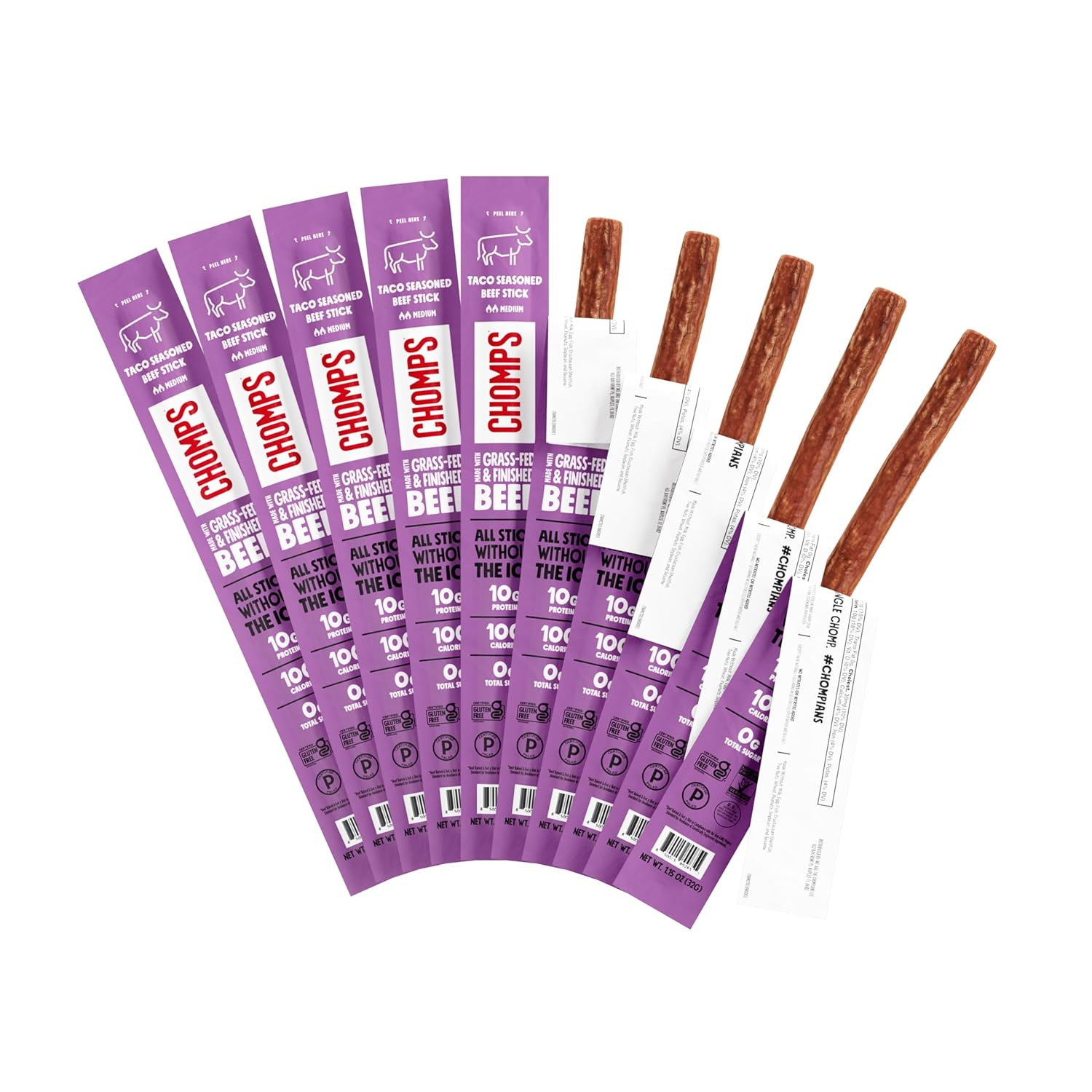 Chomps Grass-Fed Taco Beef Jerky Snack Sticks, 10-Pack, Keto/Paleo/Whole30