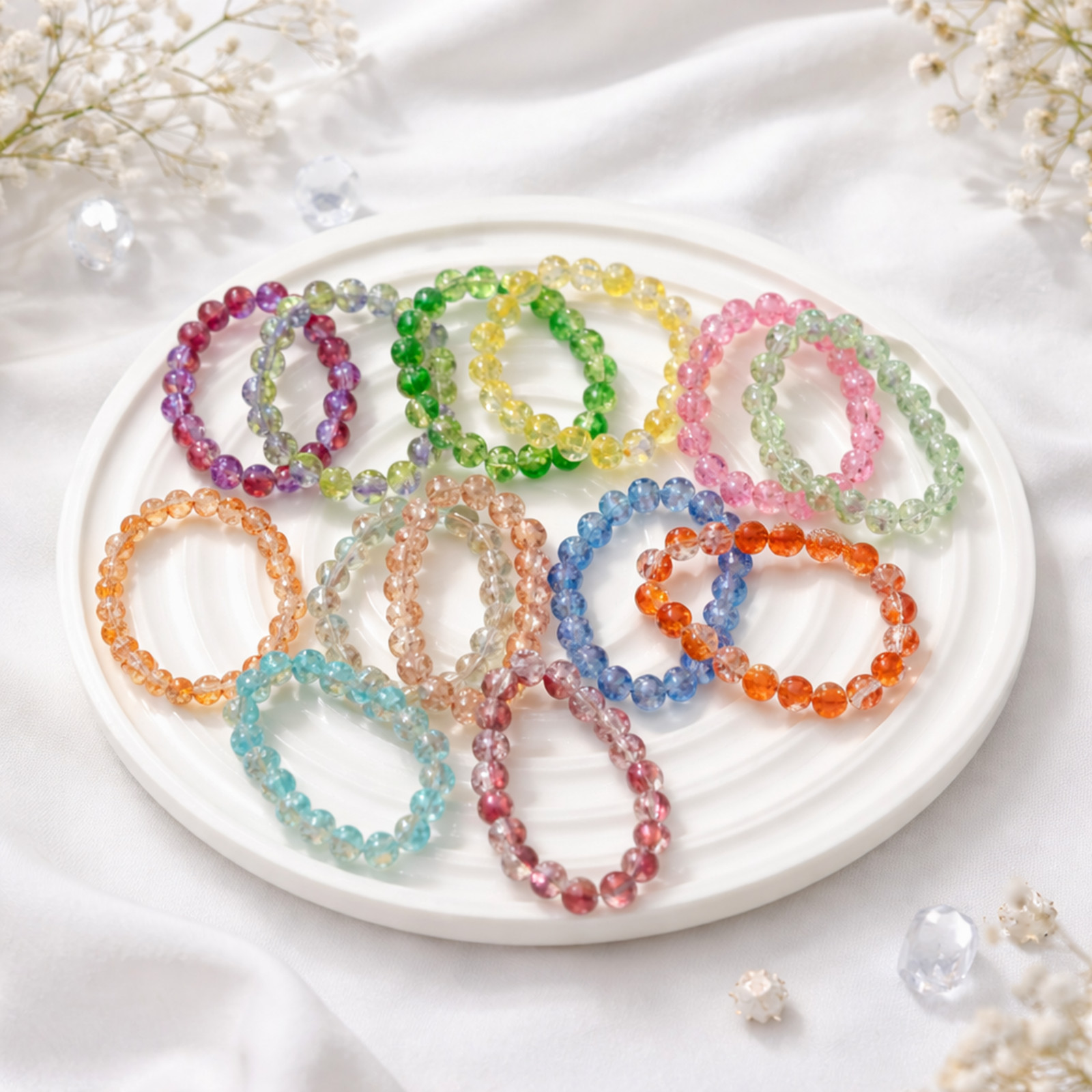 Crackle Acrylic Bead Bracelet Stretch Handmade Jewelry 10mm Lightweight Gift