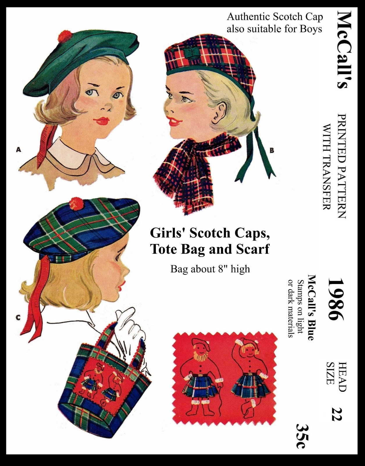 McCall's 1986 Pattern Scottish Beret Hat Cap & Bag Alopecia 22"