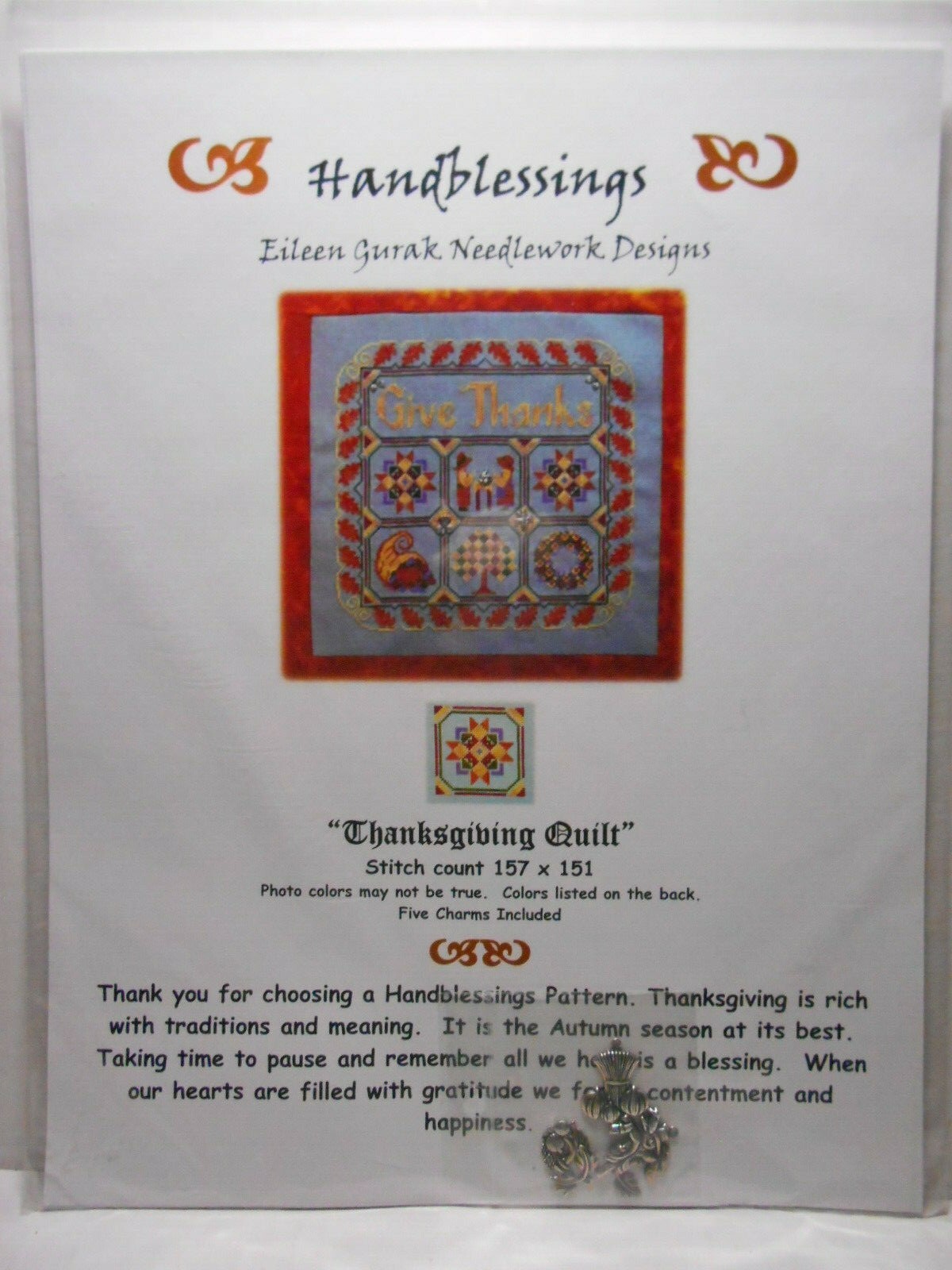 Handblessings THANKSGIVING Quilt Cross Stitch Sampler Pattern Chart with CHARMS