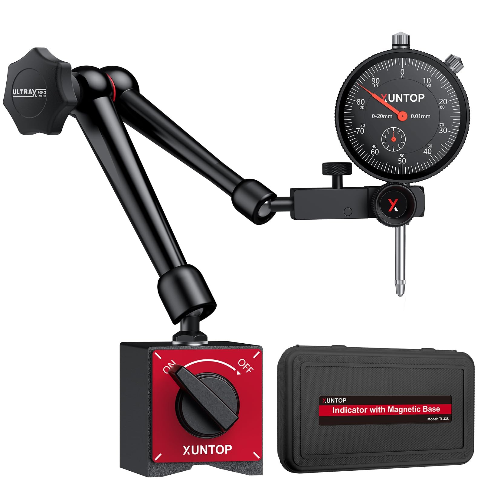 XUNTOP Dial Indicator with 176lbs/80kg Magnetic Base,1inch/0.001inch...
