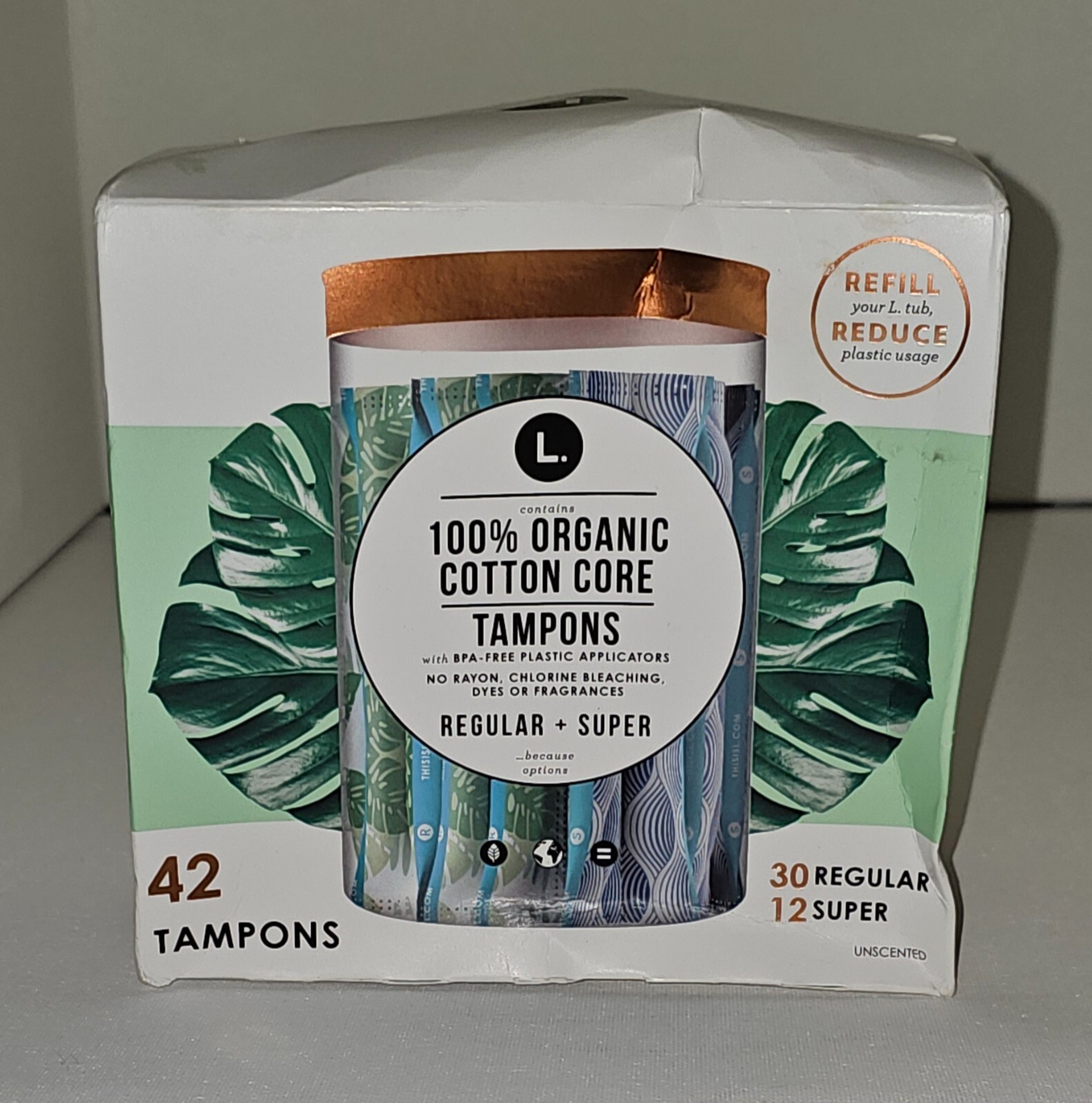 100% Organic Cotton Core Tampons~30 Regular + 12 Super~Unscented~42ct-Box Damage