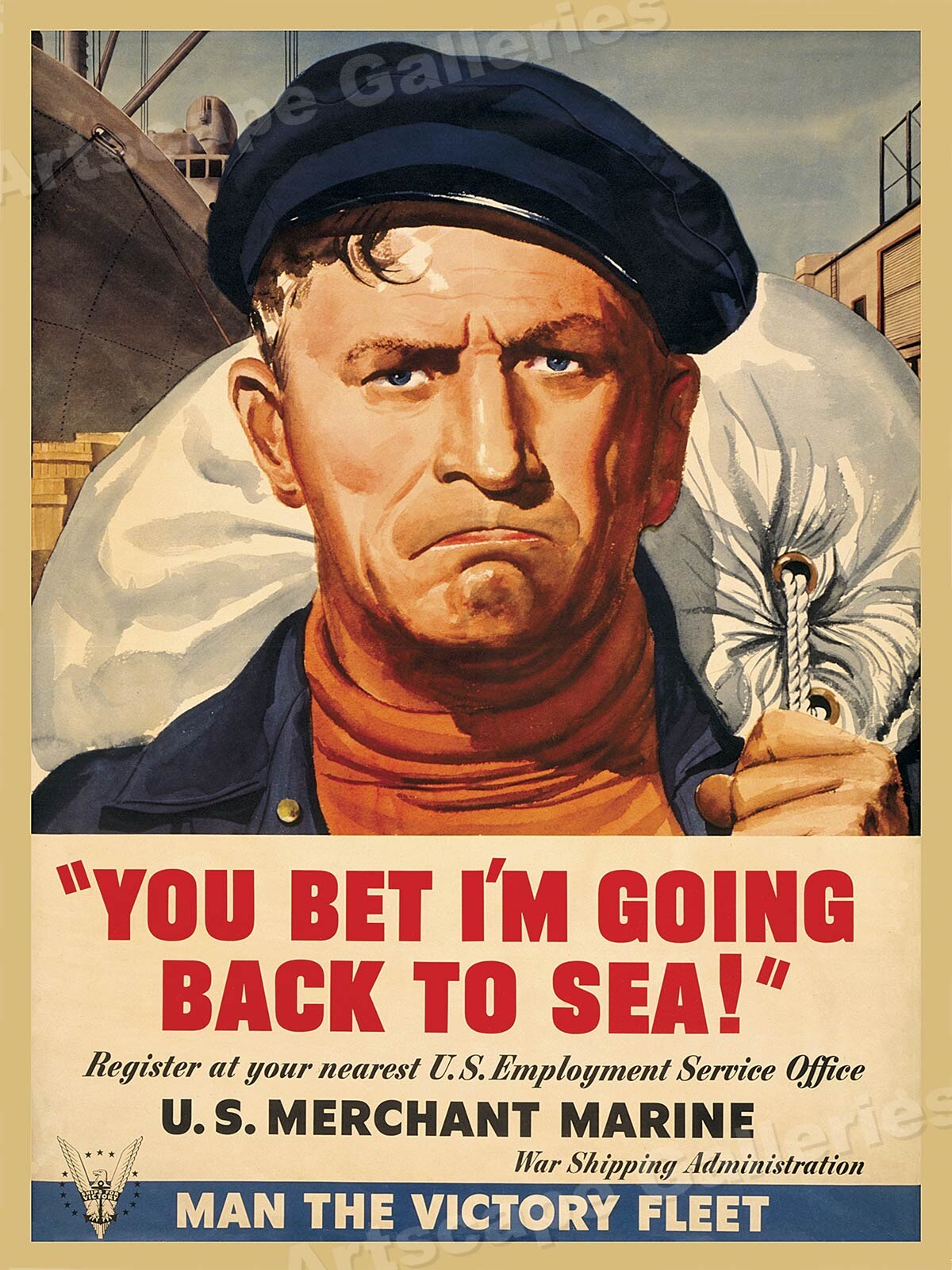 You Bet I'm Going Back to Sea! 1942 WW2 Merchant Marine Poster - 24x32