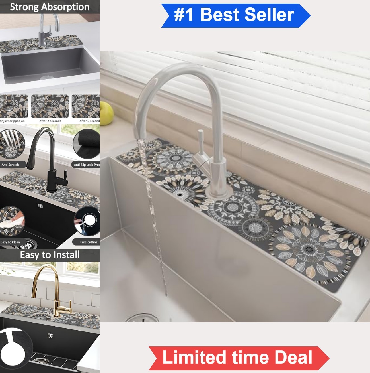 Kitchen Sink Splash Guard Faucet Mat 24 Inch x 5.5 Mandala Diatomite Super