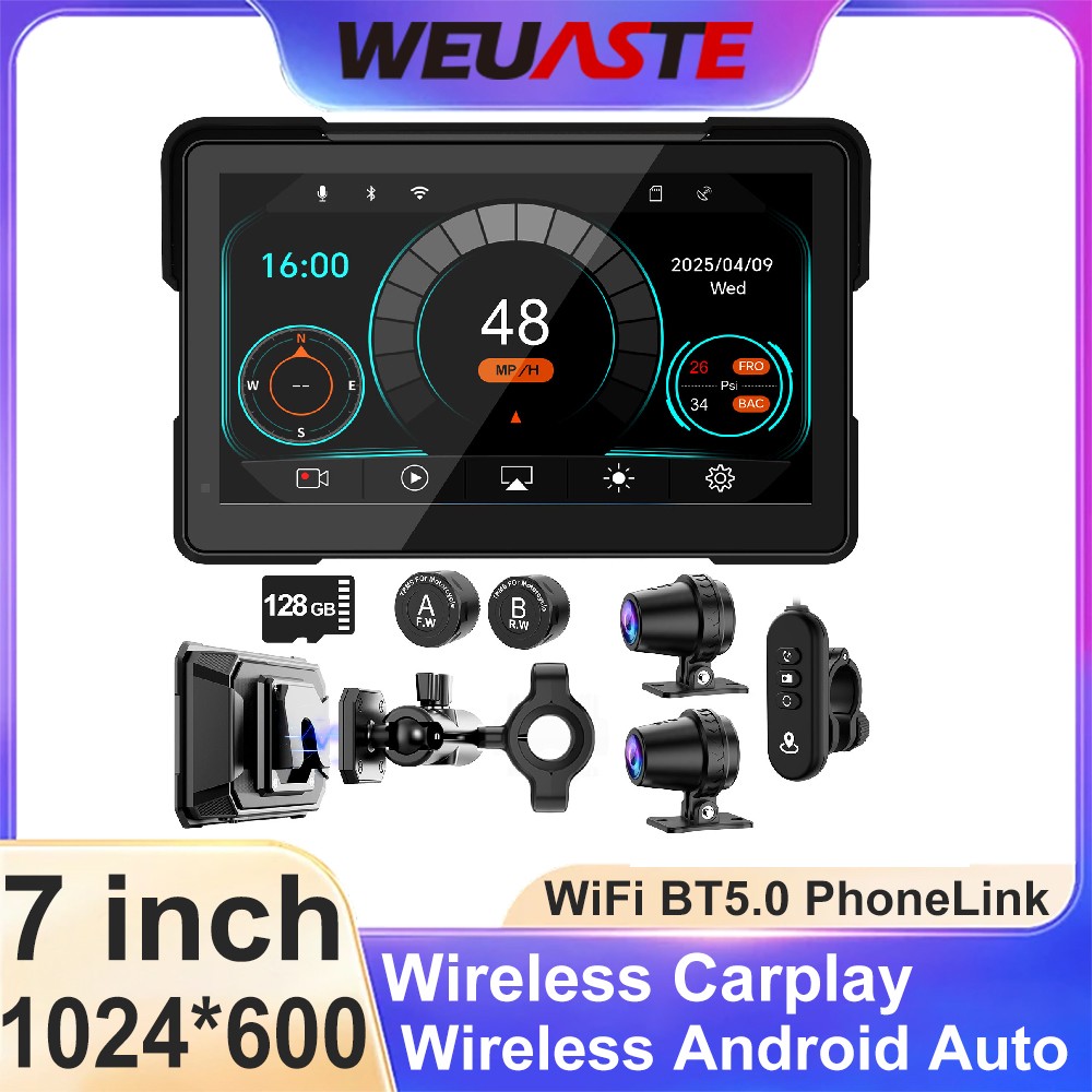 7" Motorcycle GPS Wireless CarPlay / Android Auto Waterproof DVR Dual Bluetooth