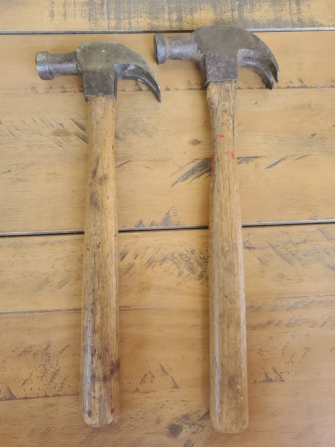 2 Vintage Hammers Curved Claw Wood Handles 13" & 14" Unbranded? Antique Read!