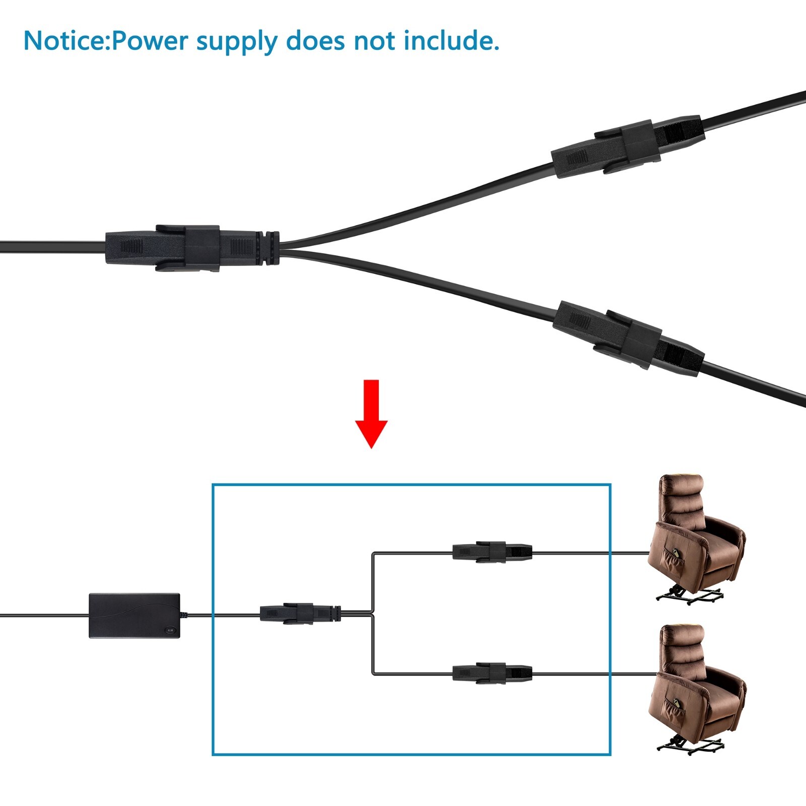 Recliner Power Splitter Cable 80 Inches 2 Pin Y Cable 2 Motors to 1 Power Supply