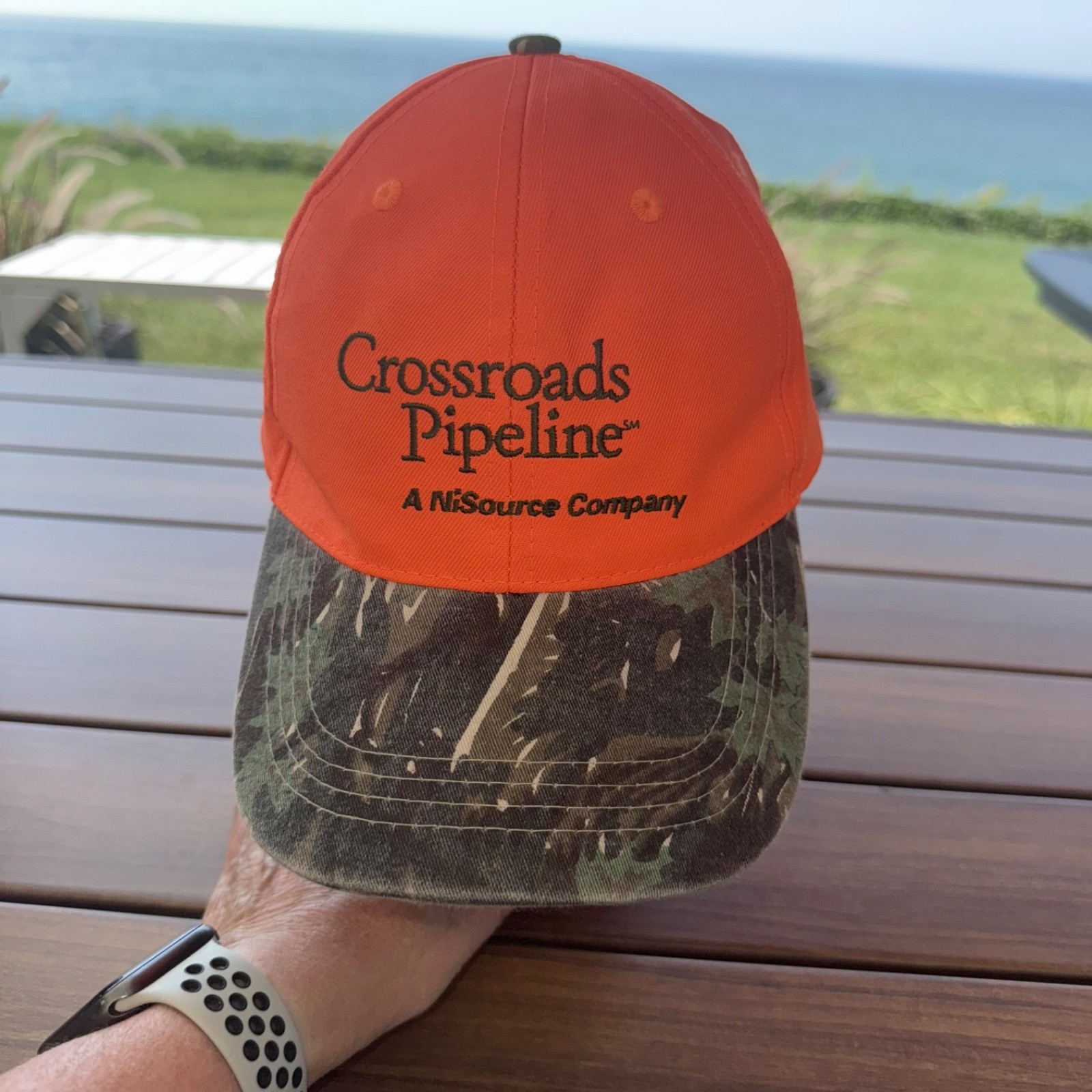 Crossroads Pipeline A Nisource Co Fluorescent Orange Camo Hat Cap Hook Loop EUC