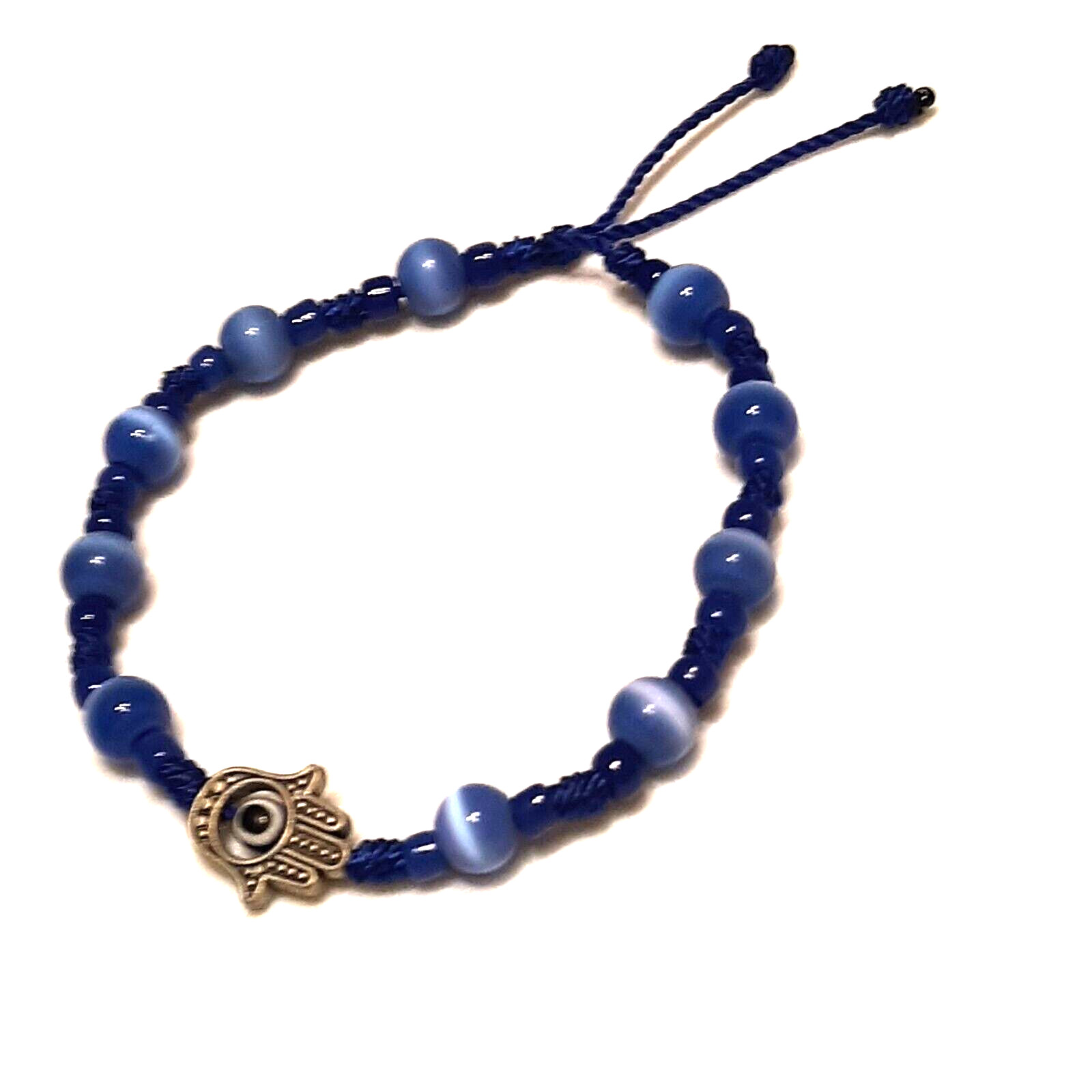 Hamsa Hand bracelet with Blue Cat Eye beads and Black string