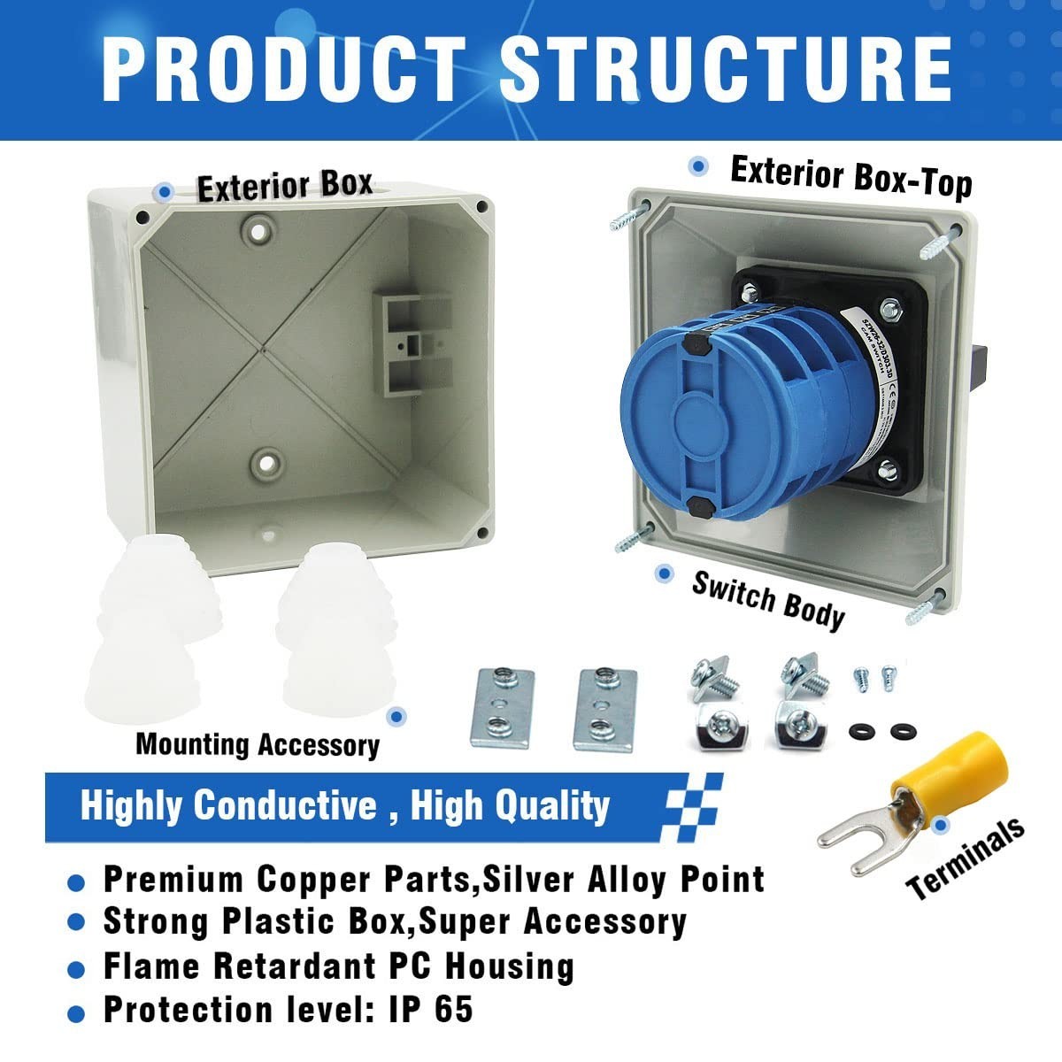 40A Rotary Changeover Switch IP65 3 Position 3 Phase Selector Switch Box Kit