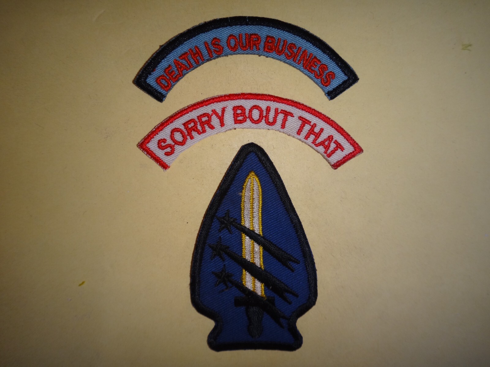 3 Vietnam War Patches: DEATH IS OUR BUSINESS + SORRY 'BOUT THAT + SPECIAL FORCES