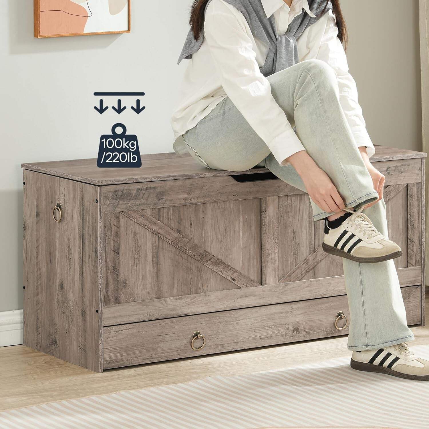 SolidWoodFinish Storage Bench Greige 43Inch Drawer