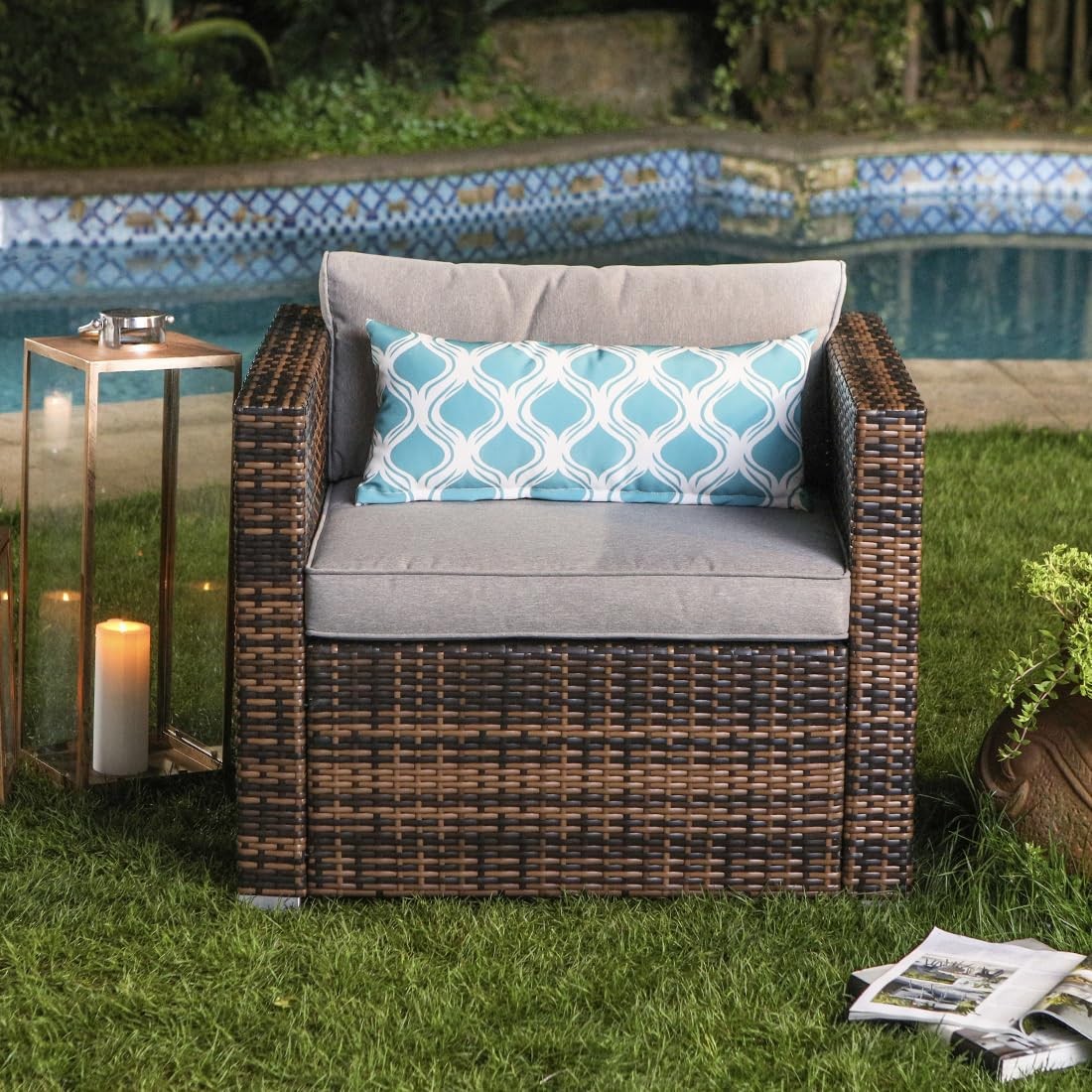 All-Weather Patio Chair, Single Brown Wicker Chair with Thick Gray Cushions &...